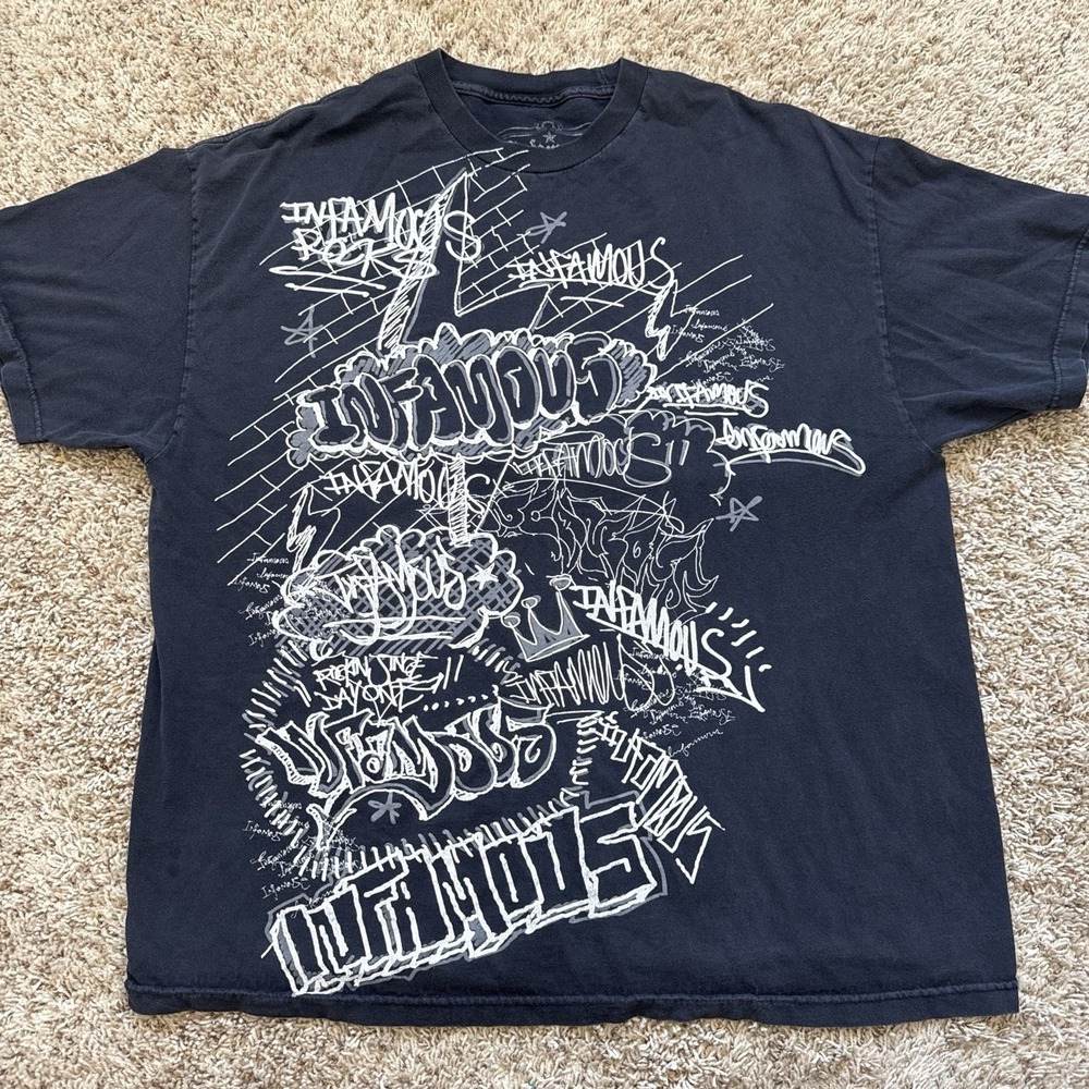 VINTAGE Y2K Famous Stars & Straps Infamous All-Over Print Graffiti Tee XXL RARE
